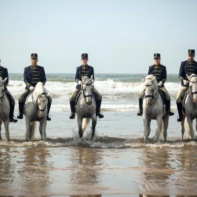 Lipizzaner riders on the shore of the Atlantic Ocean 