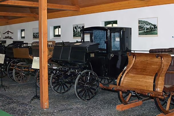 Horse-drawn carriage exhibition with antique vehicles