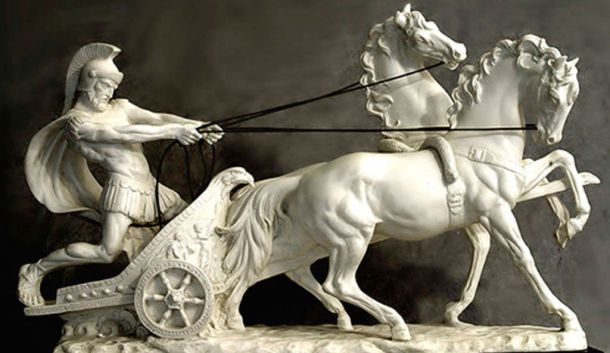 Greek warrior with a pair of horses on a war chariot